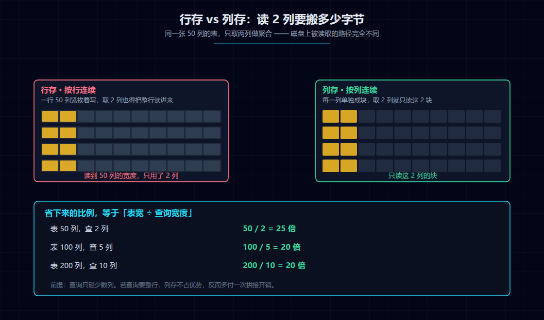 图 1 · 列存与行存的读取路径对照。省下的比例等于「表宽 ÷ 查询宽度」(作者作图,公式为作者推导)